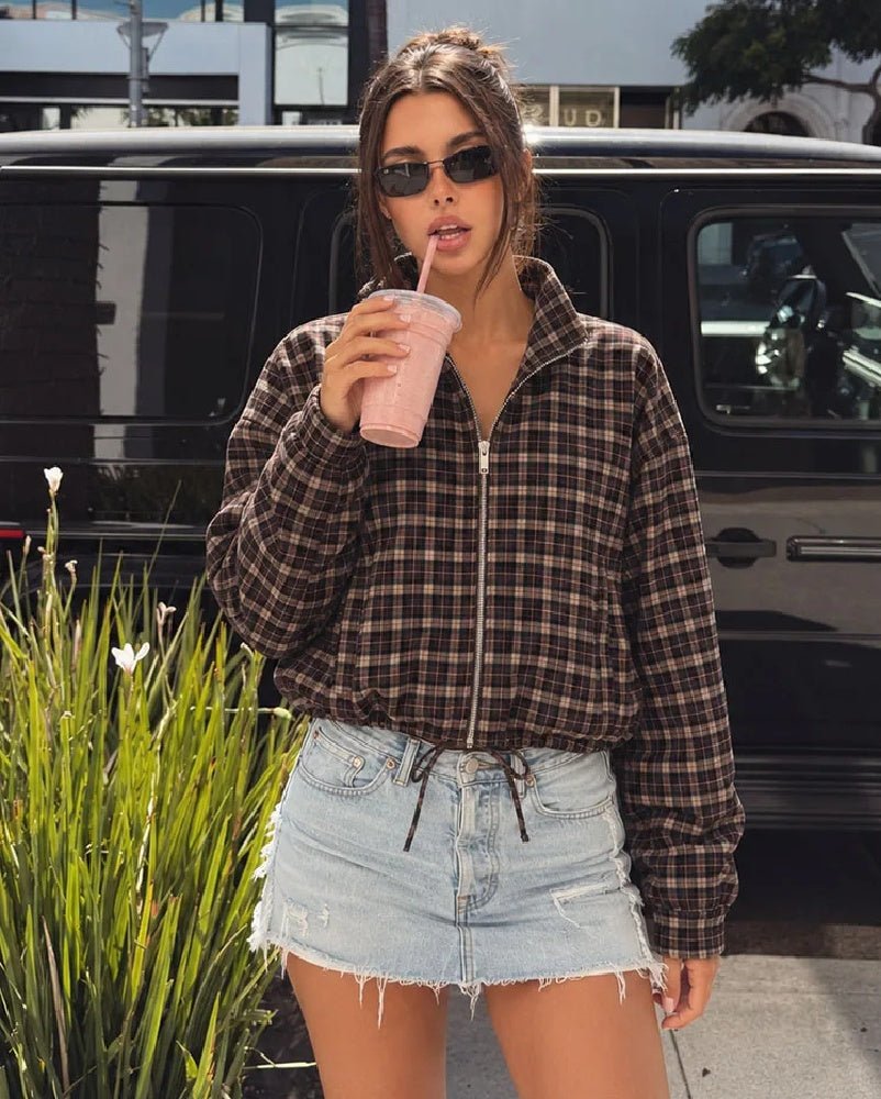 Dagny Check High-Collar Zip Coat in brown check – styled look