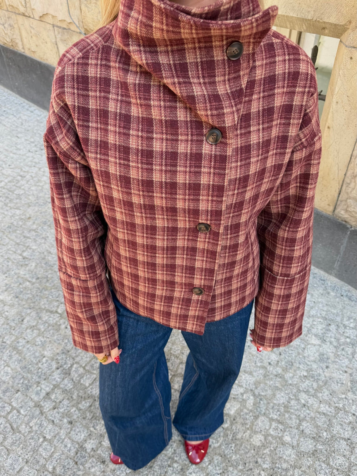 Edith Plaid Wool-Blend Coat in burgundy plaid – styled look