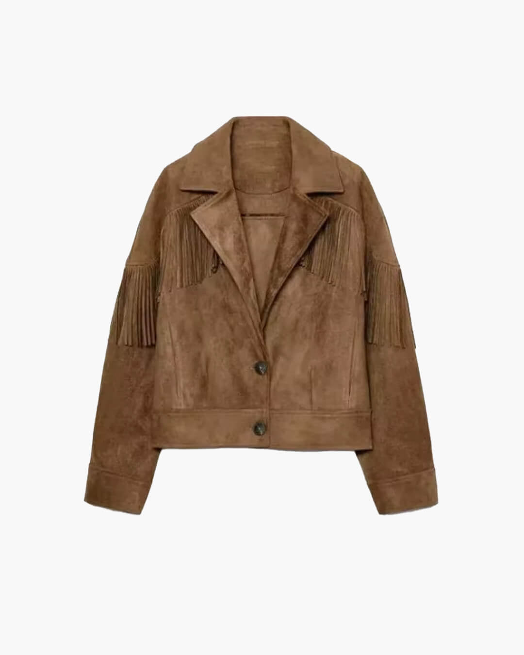 Embla Fringed Faux Suede Cropped Jacket in brown – product shot