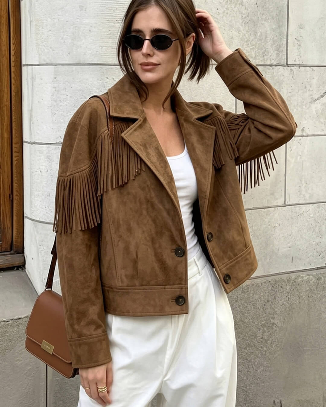 Embla Fringed Faux Suede Cropped Jacket in brown – styled look