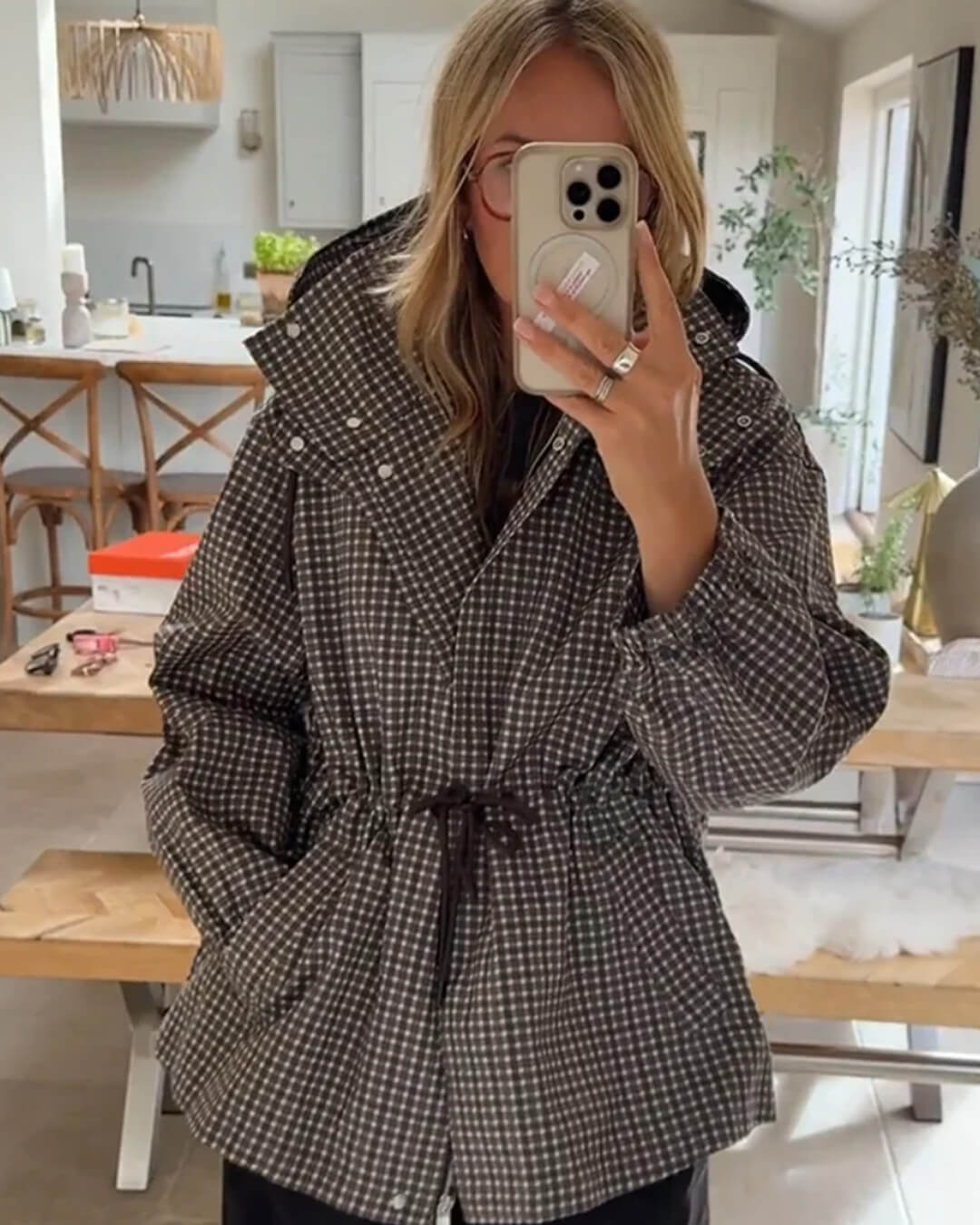 Juni Plaid Hooded Windbreaker in brown check – styled look