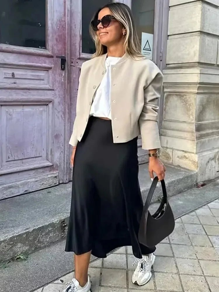 Anais High Waist Black Satin Midi Skirt