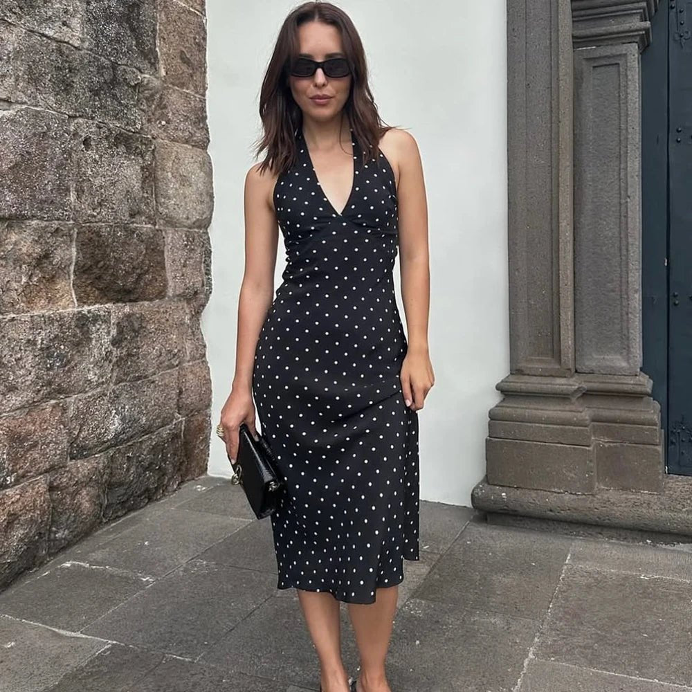 Bianca prikkete halterkjole med maxilengde