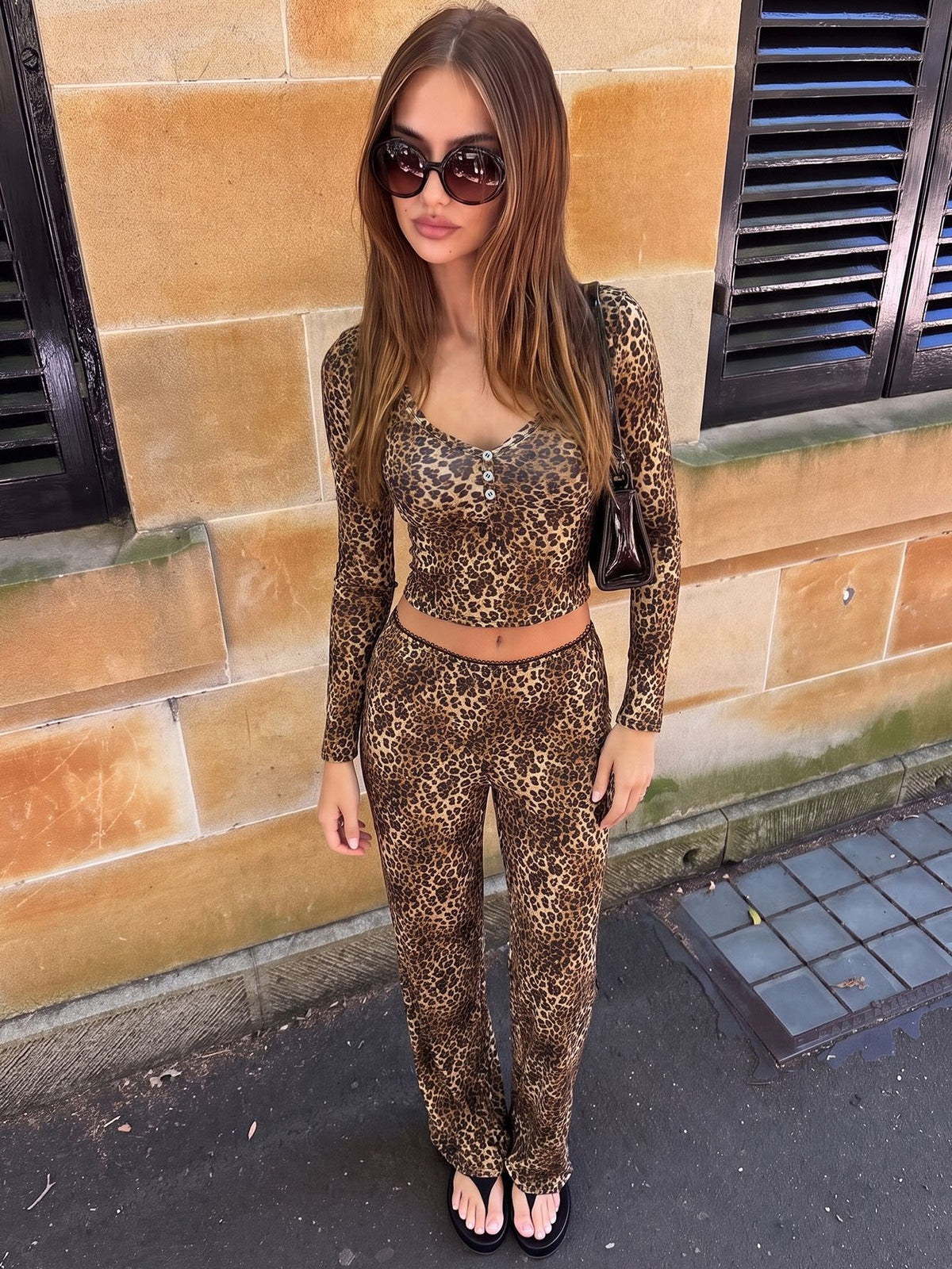 Jade sett med topp og bukse i leopardmønster