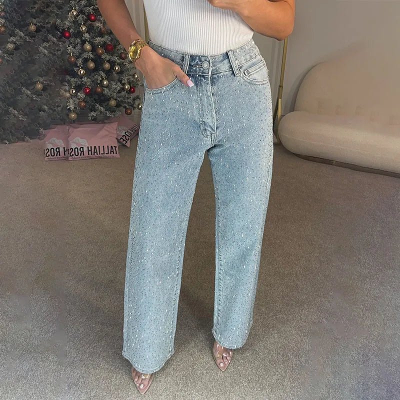 Eliana Wide Leg Denim Pants with Rhinestones