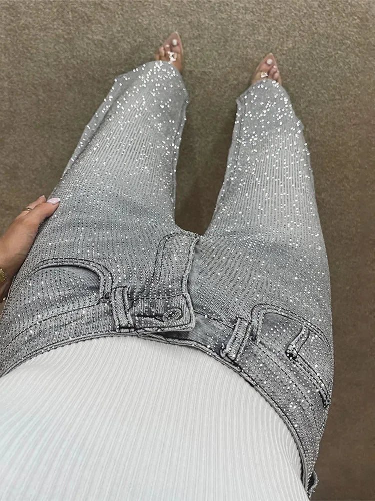 Eliana Wide Leg Denim Pants with Rhinestones