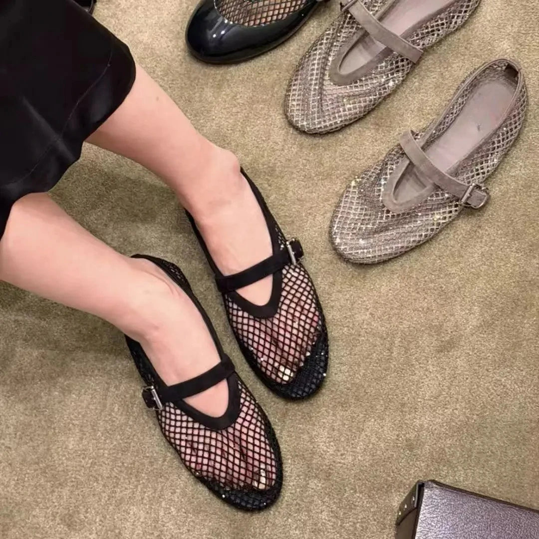 Jessica ballerinasko i strømpemesh med strass