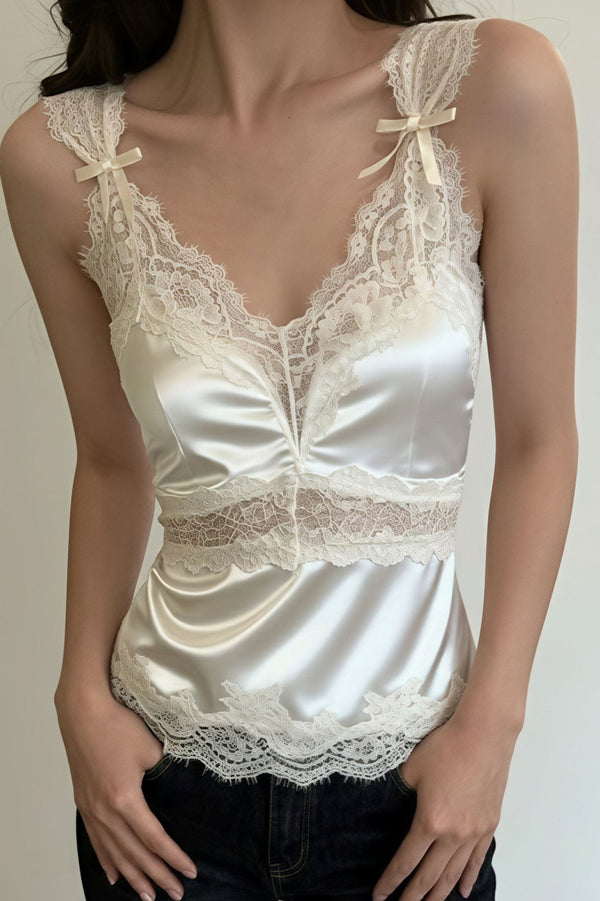 Julianne V Neck Sleeveless Satin Lace Blouse
