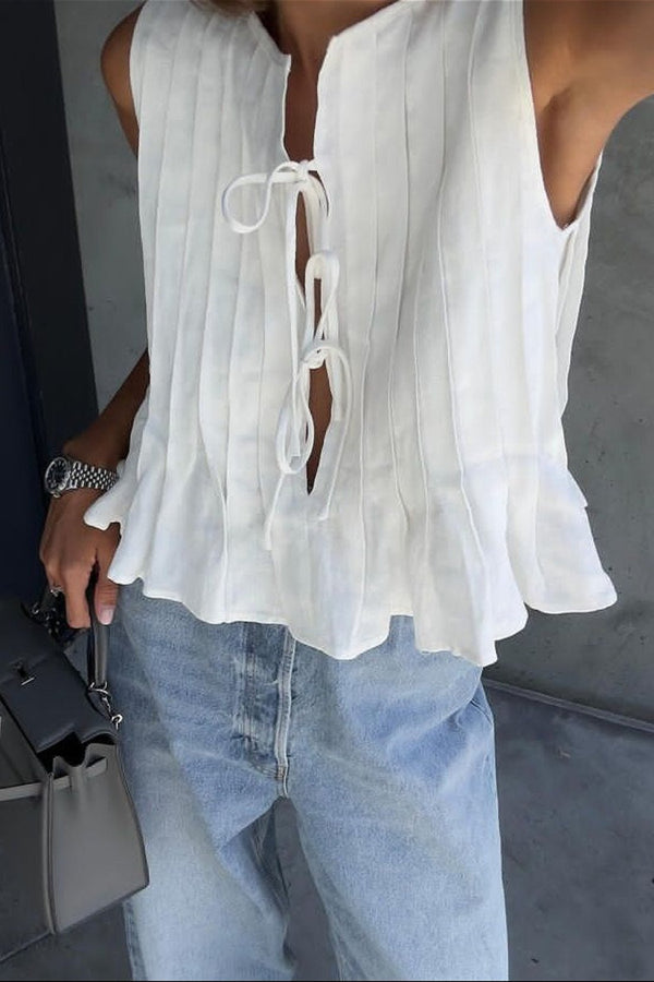 Juvy Tie Front Pleated Linen Tank Top