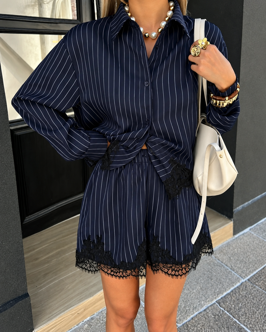 Kate Pinstripe Lace Trim Hem Shorts Set — MAIE editorial