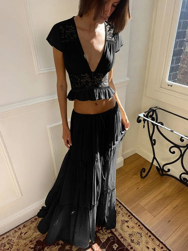 Beatrice Lace Chiffon Top & Skirt Set