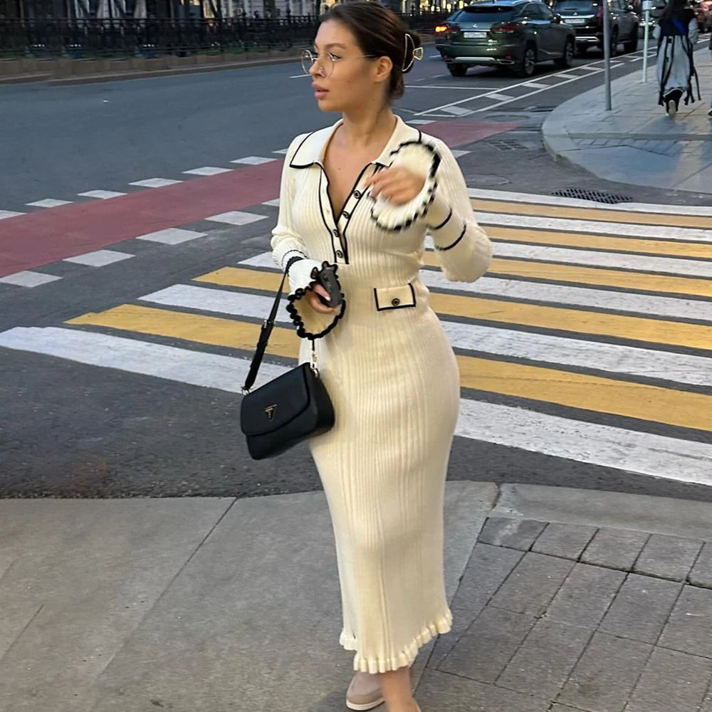Emmeline strikket midikjole med polokrage