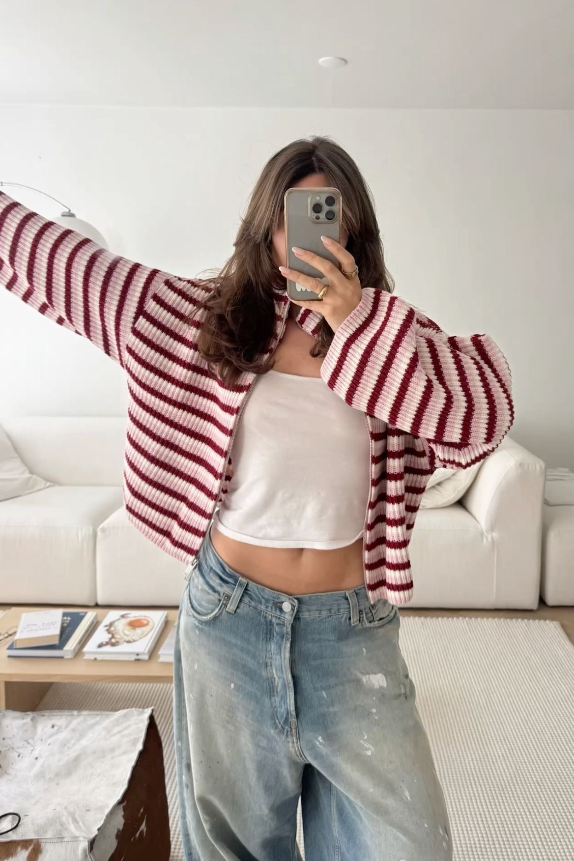 Nora oversized stripete strikkejakke med glidelås