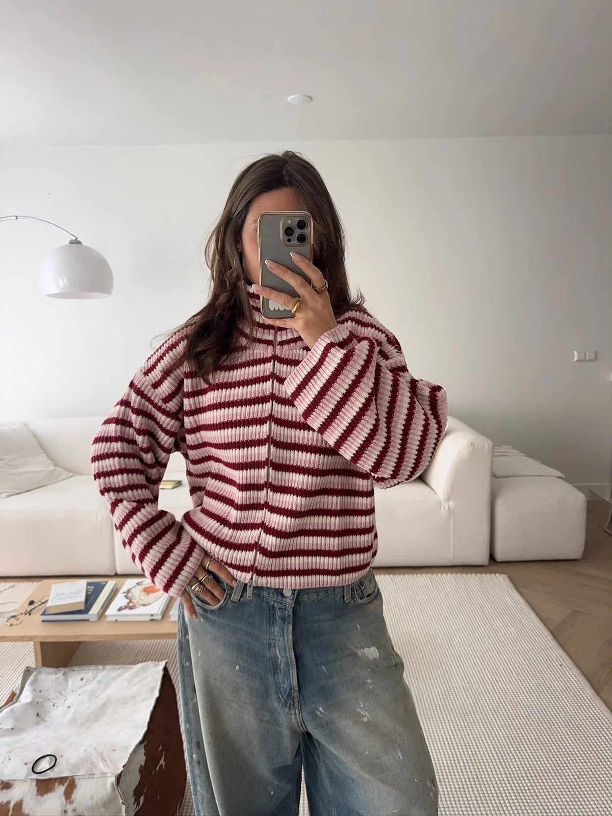 Nora oversized stripete strikkejakke med glidelås