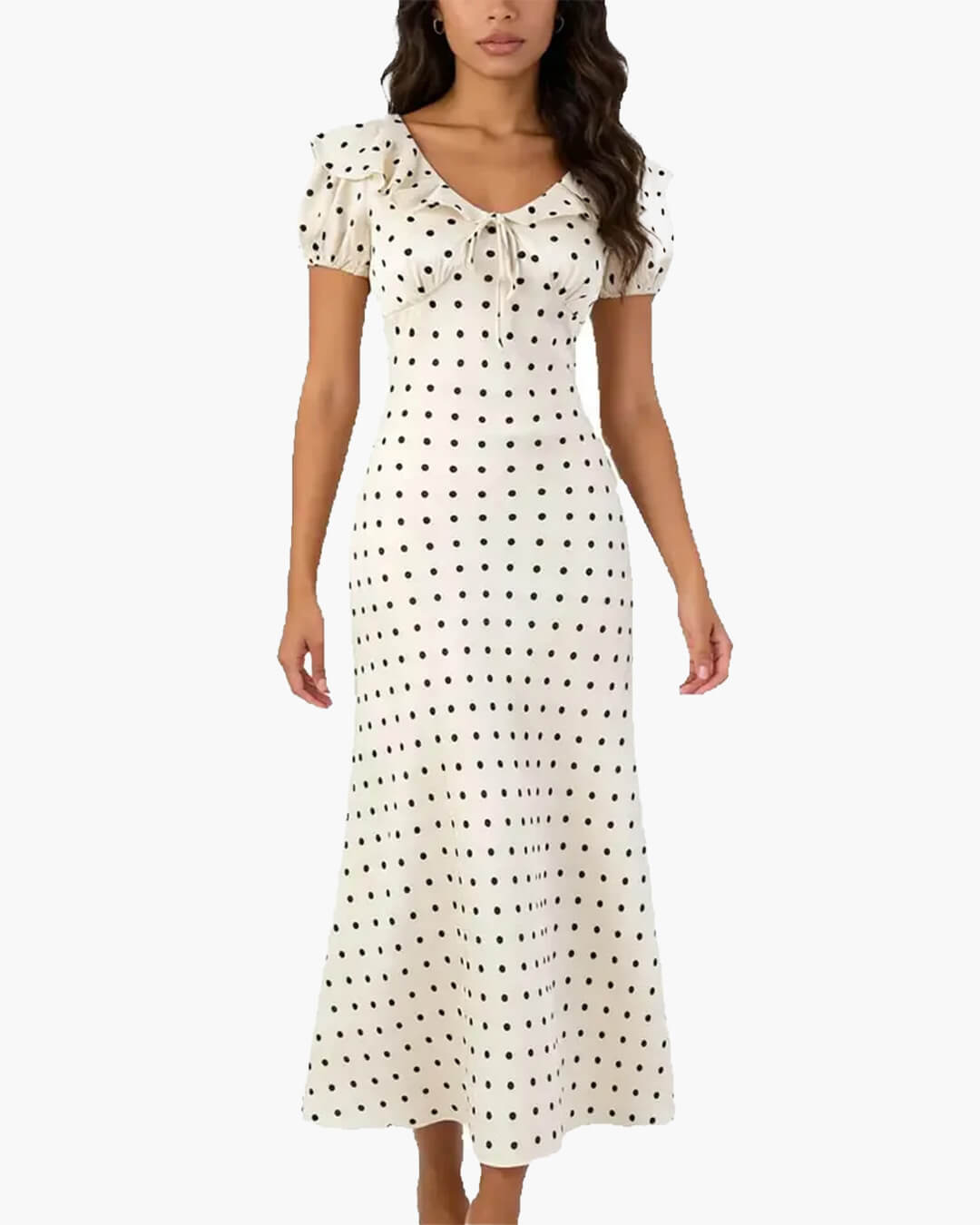 Rachel maxikjole med polkadotter og V-hals