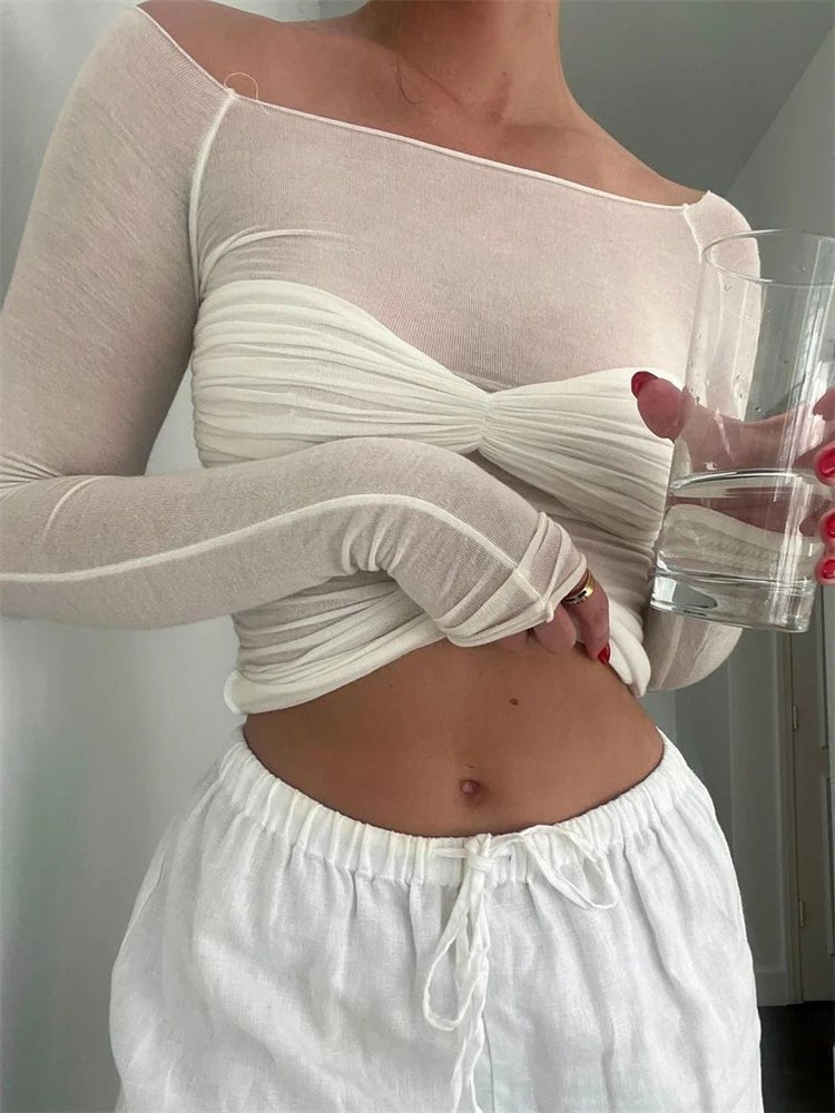 Sara gjennomsiktig mesh-topp med bare skuldre