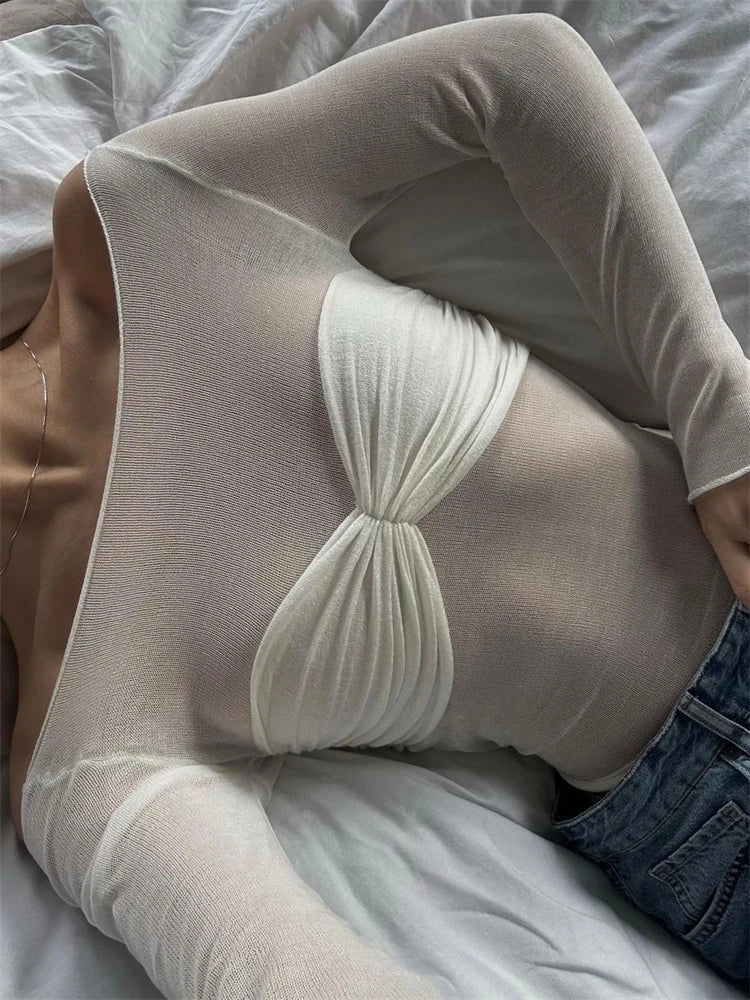 Sara gjennomsiktig mesh-topp med bare skuldre