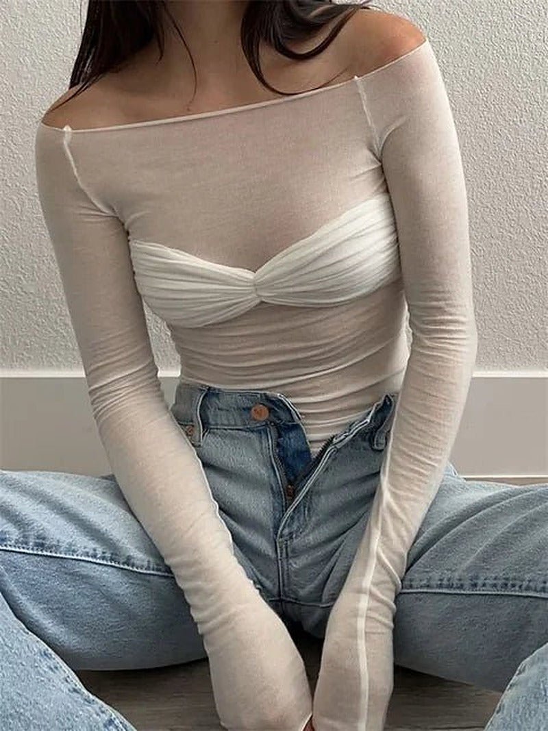Sara gjennomsiktig mesh-topp med bare skuldre