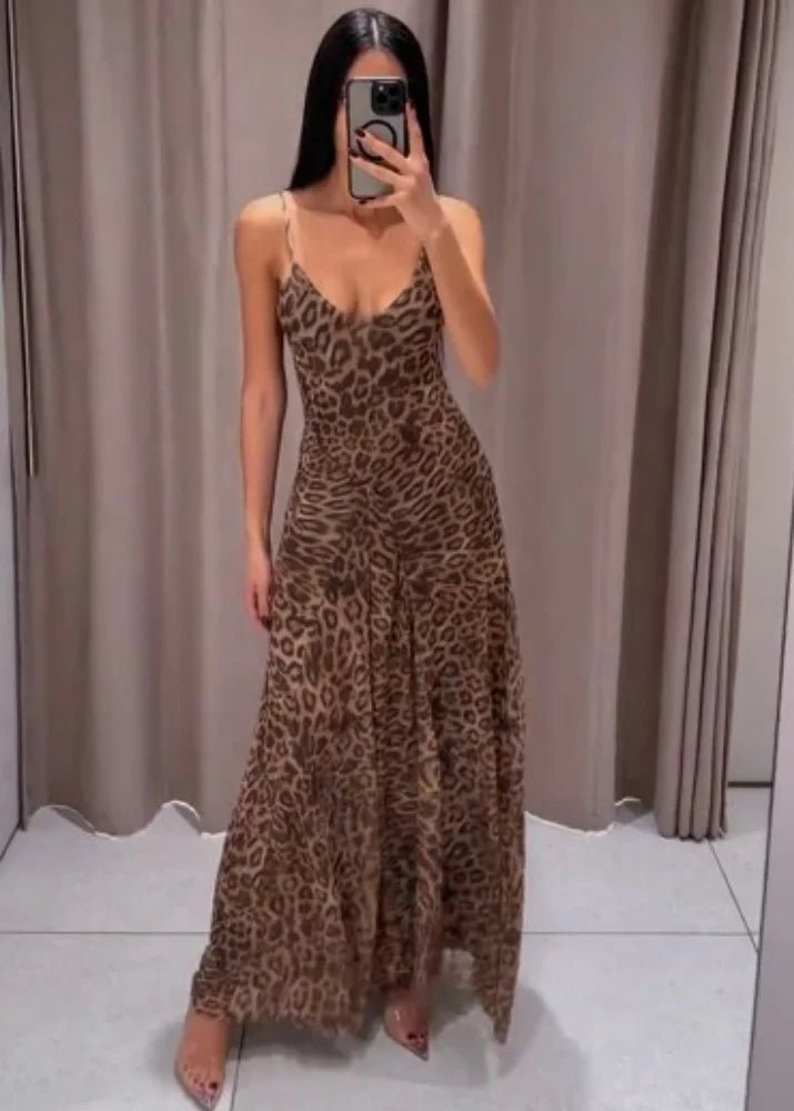 Sienna maxikjole med stropper og leopardmønster