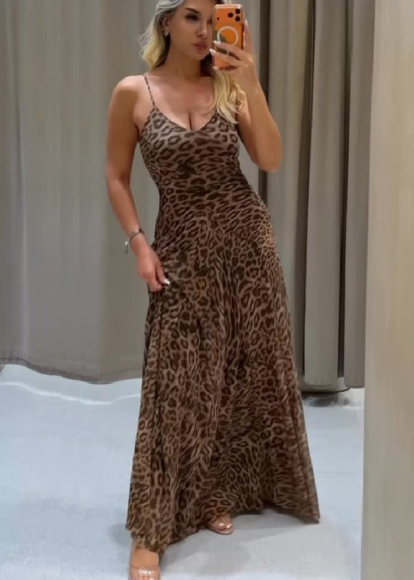 Sienna maxikjole med stropper og leopardmønster