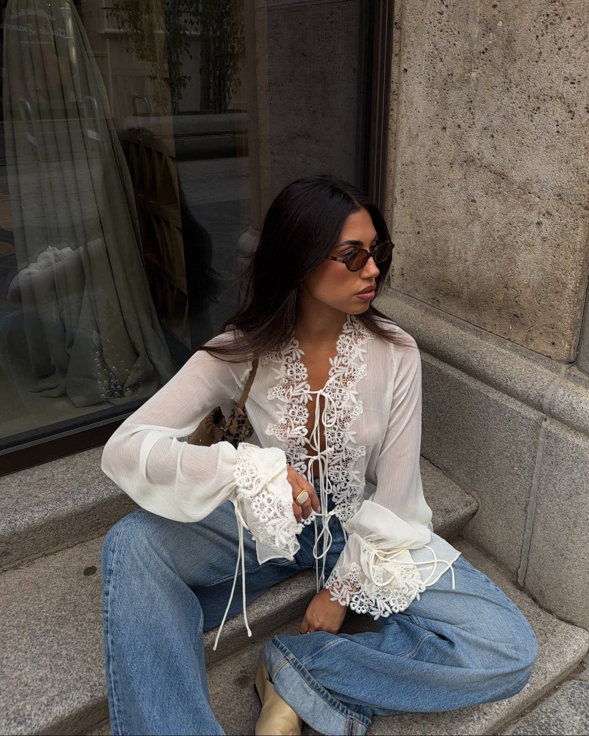 Simone Front-Tie Lace Appliqué Top