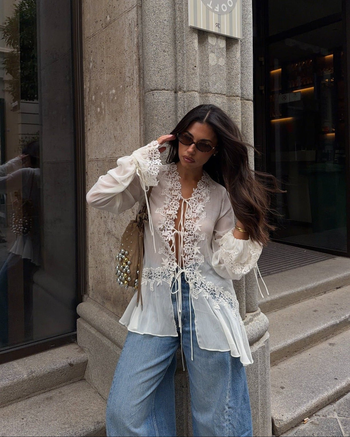 Simone Front-Tie Lace Appliqué Top