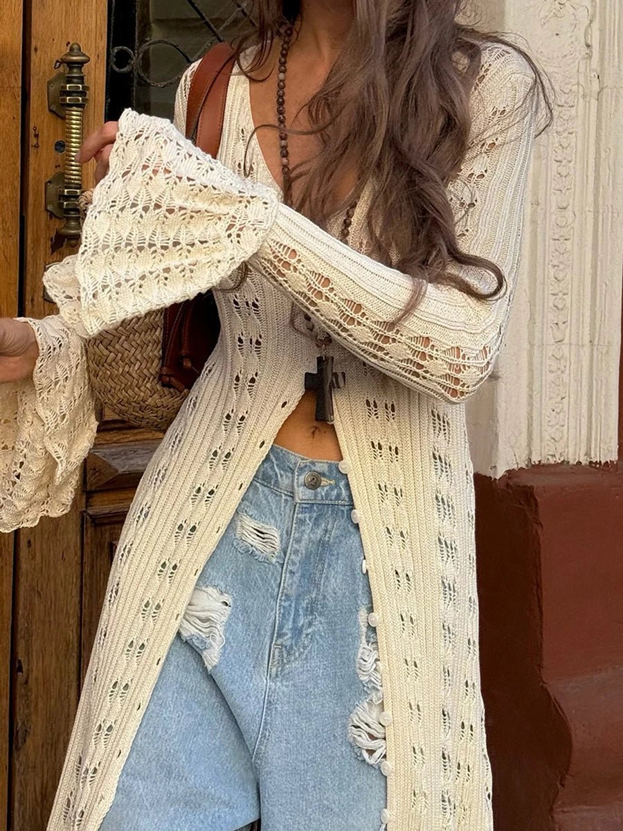 Sophia strikket cardigan-kjole med hullmønster