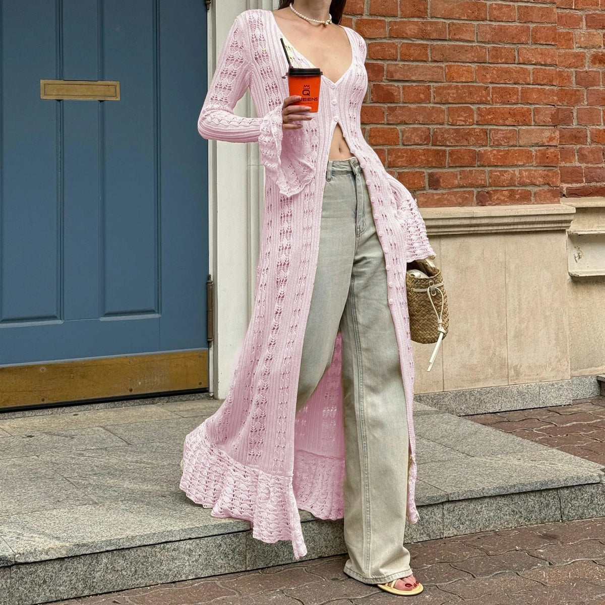 Sophia strikket cardigan-kjole med hullmønster