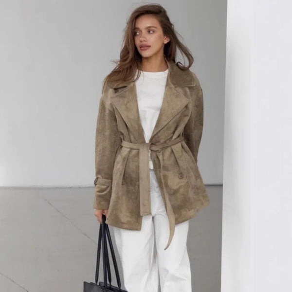 Suede V-Neck Long Sleeve Coat