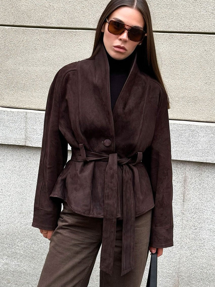 Teresa trenchcoat i semsket skinn med belte