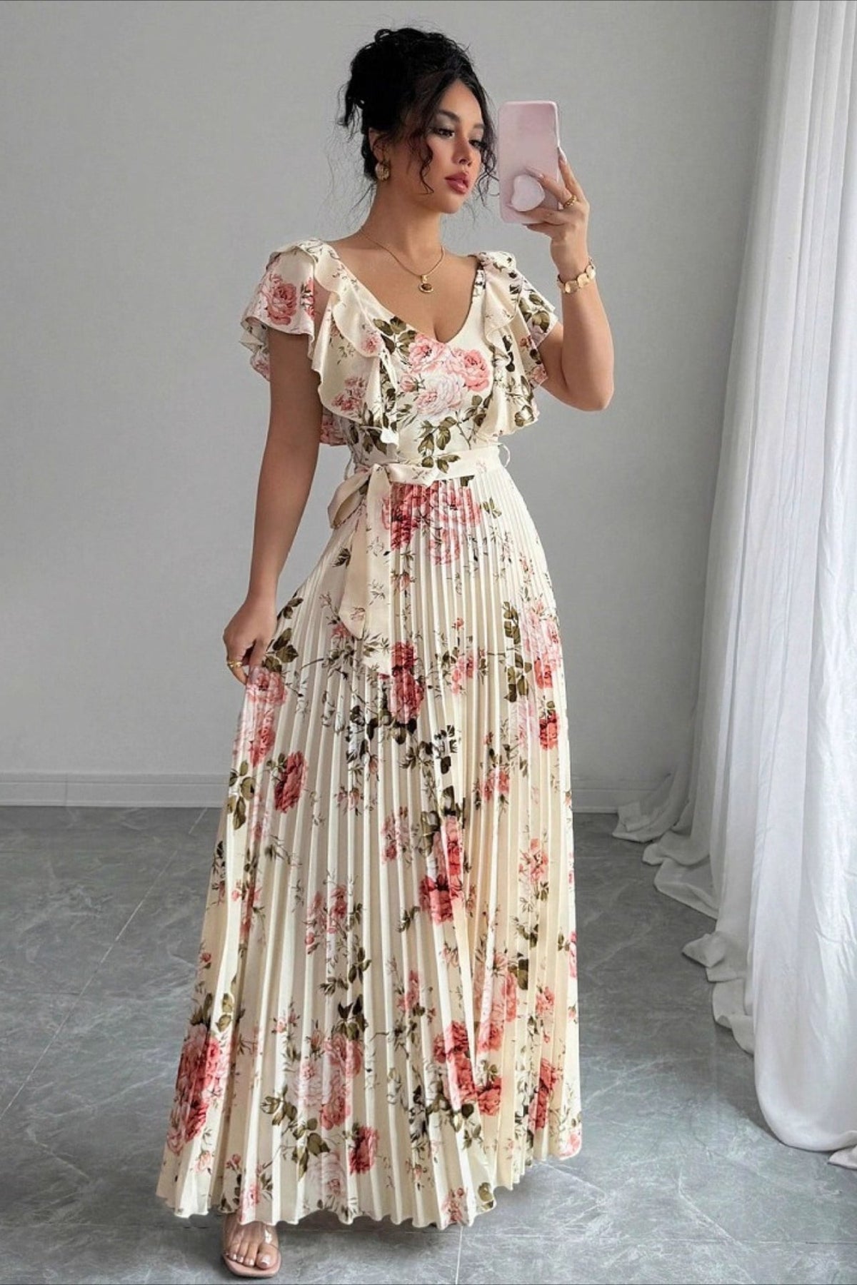 Valentina Floral V-Neck Ruffle Sleeve Maxi Dress