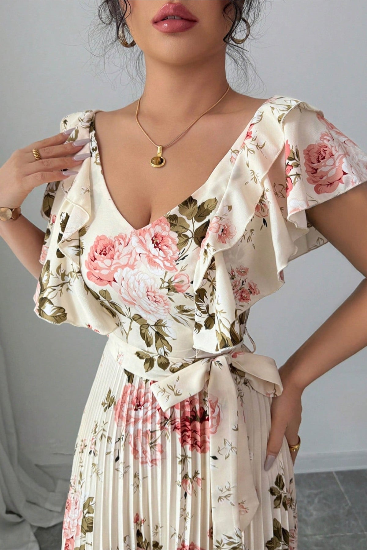 Valentina Floral V-Neck Ruffle Sleeve Maxi Dress