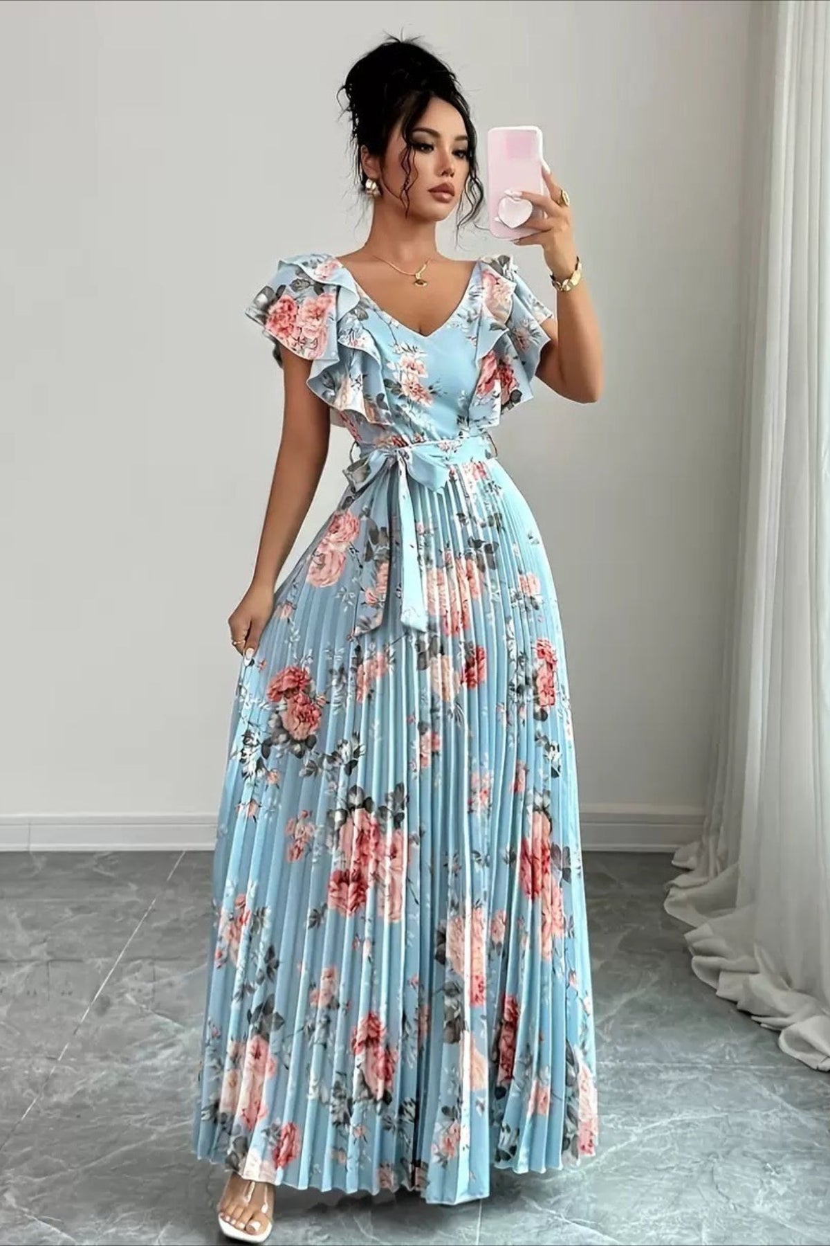 Valentina Floral V-Neck Ruffle Sleeve Maxi Dress