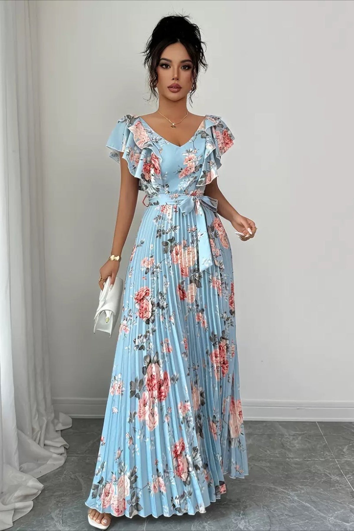 Valentina Floral V-Neck Ruffle Sleeve Maxi Dress