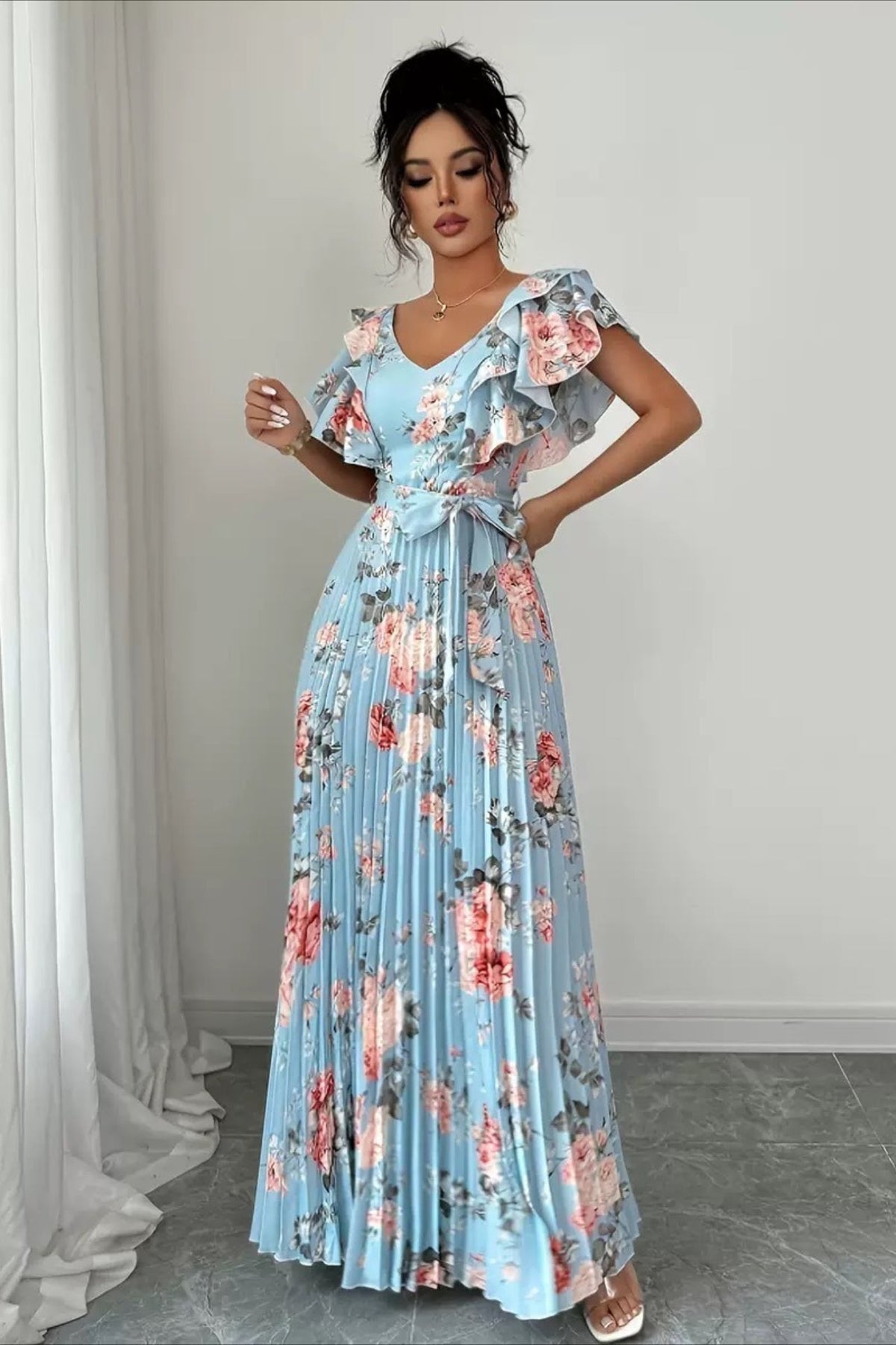 Valentina Floral V-Neck Ruffle Sleeve Maxi Dress