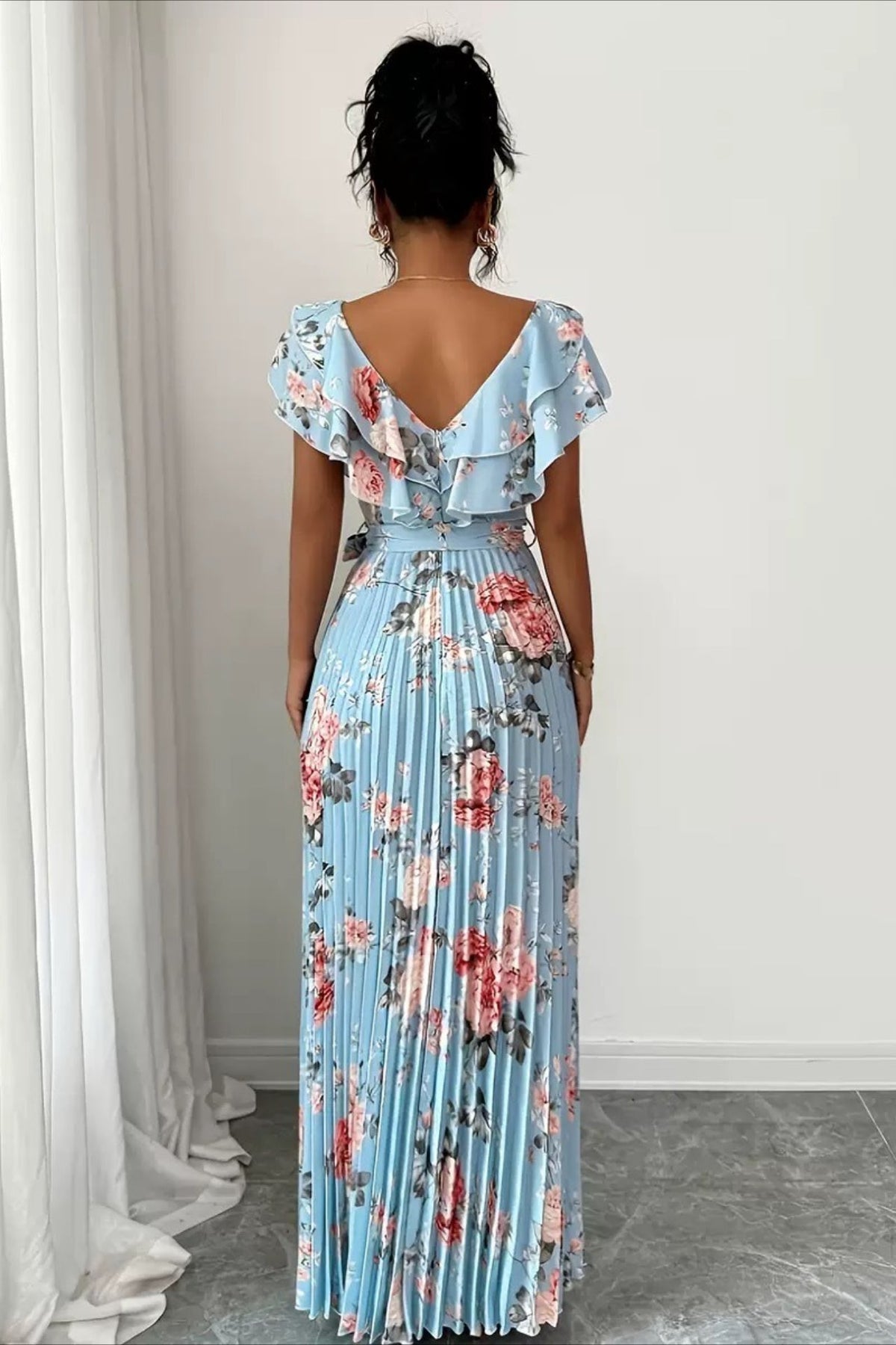 Valentina Floral V-Neck Ruffle Sleeve Maxi Dress