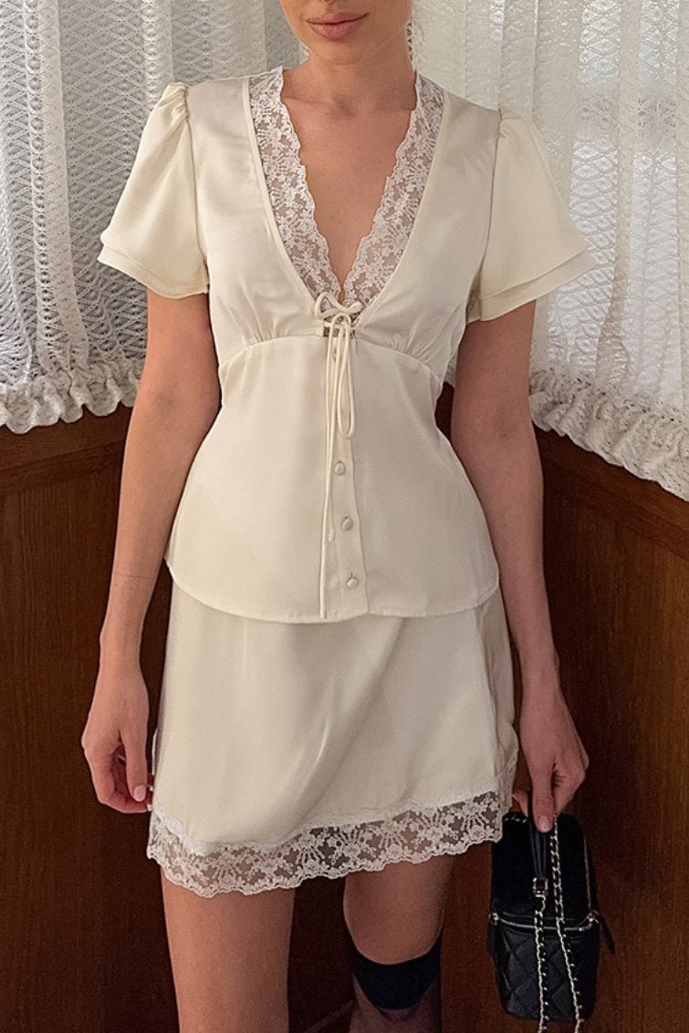 Zoe Satin Lace V-Neck Tie-Waist Skirt Set
