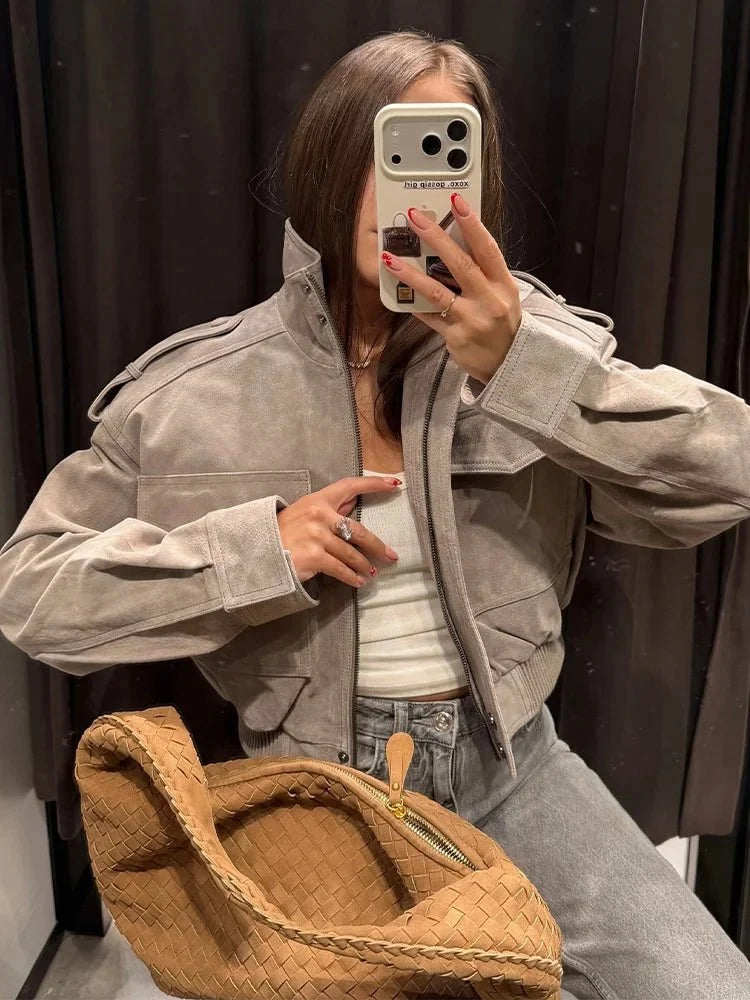 Sigrid Faux Suede Utility Jacket in grey – styled look