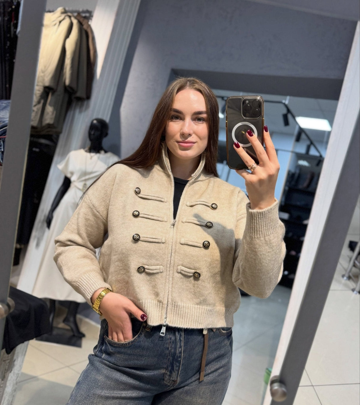 Sofie Turtleneck Zip Knit Cardigan in beige – styled look
