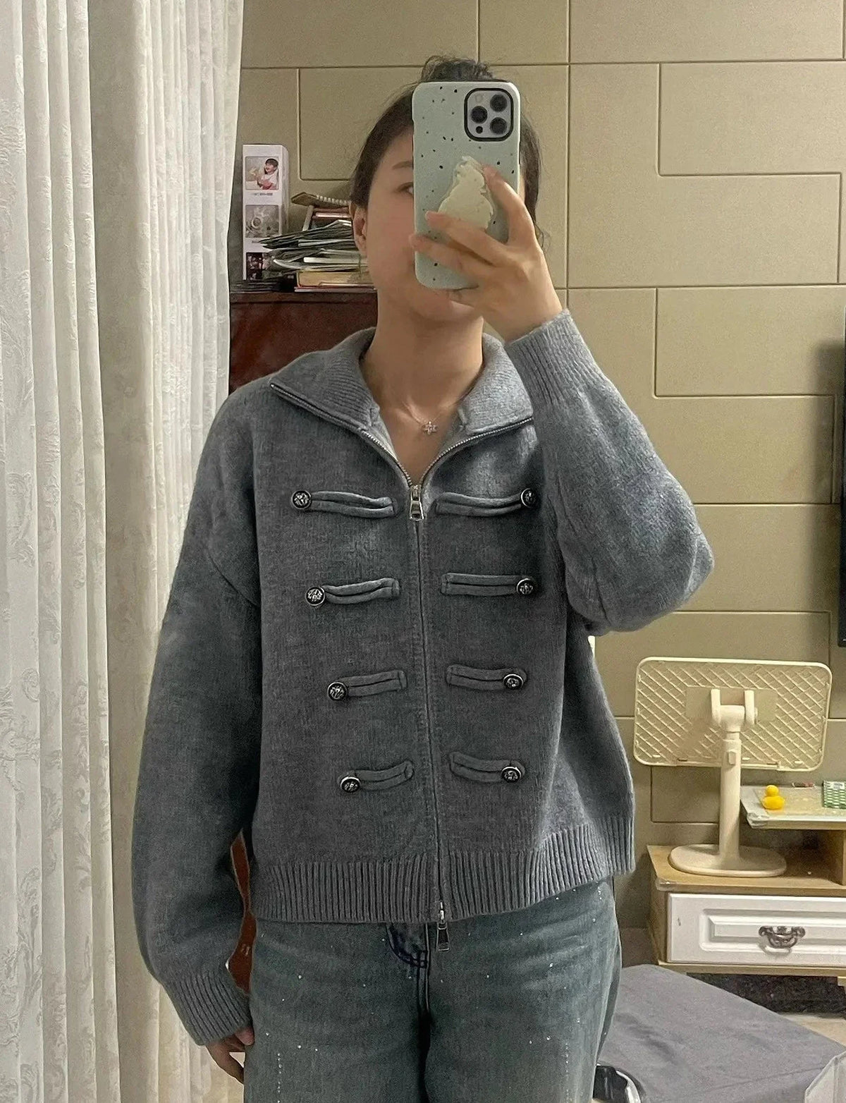 Sofie Turtleneck Zip Knit Cardigan in grey – styled look