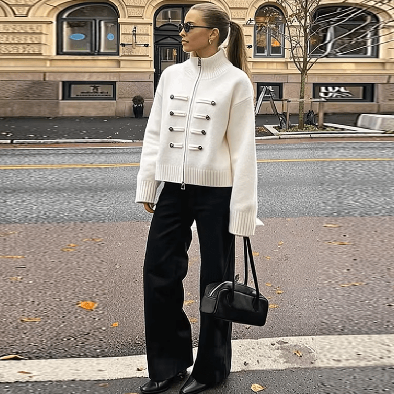 Sofie Turtleneck Zip Knit Cardigan in white – styled look